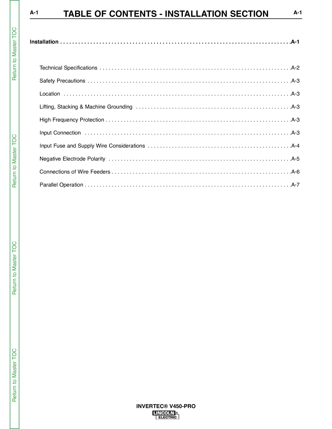 Lincoln Electric SVM199-A service manual Table of Contents Installation Section 