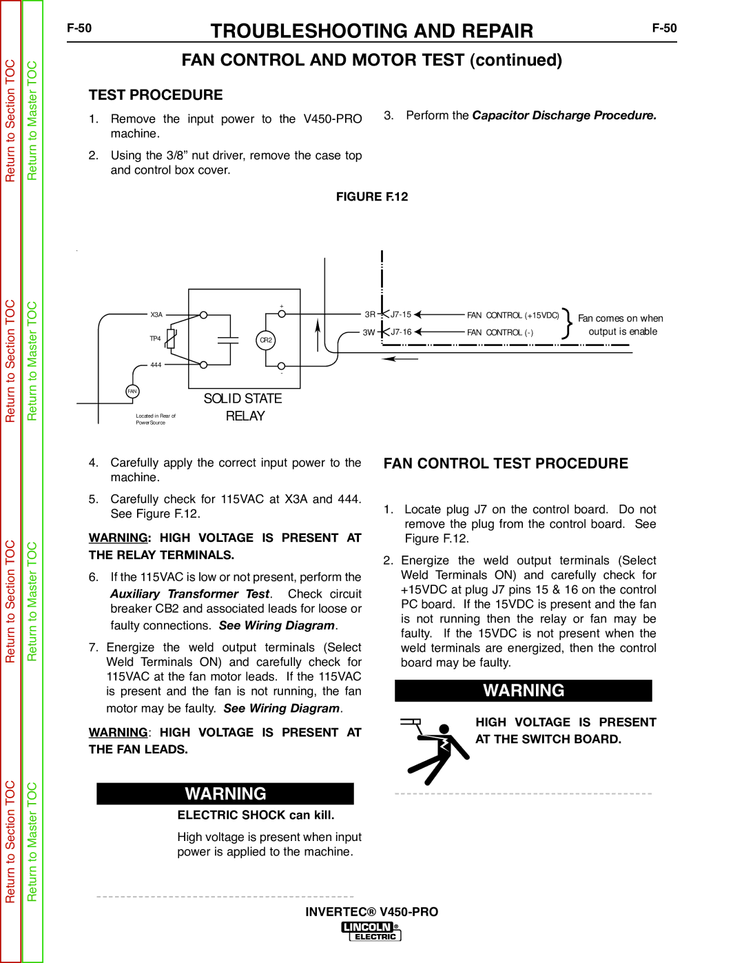 Lincoln Electric SVM199-A service manual FAN Control and Motor Test, FAN Control Test Procedure 