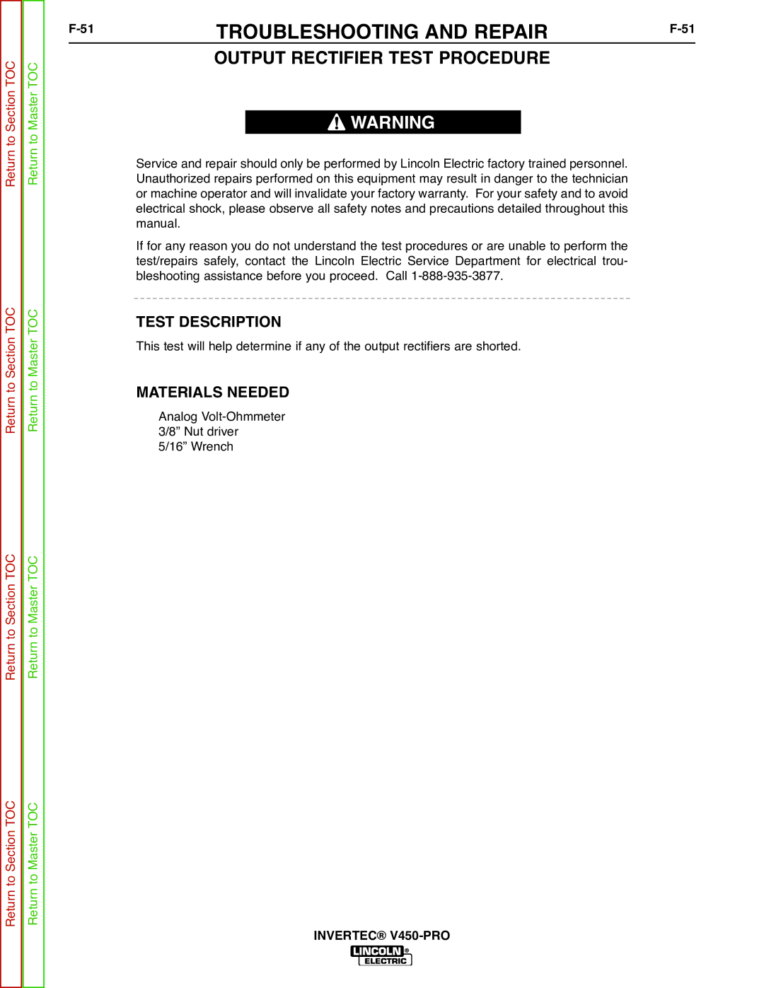 Lincoln Electric SVM199-A service manual Output Rectifier Test Procedure, Test Description 