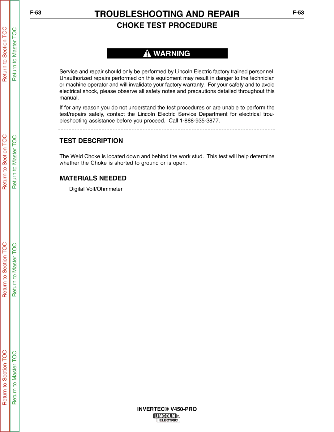 Lincoln Electric SVM199-A service manual Choke Test Procedure 