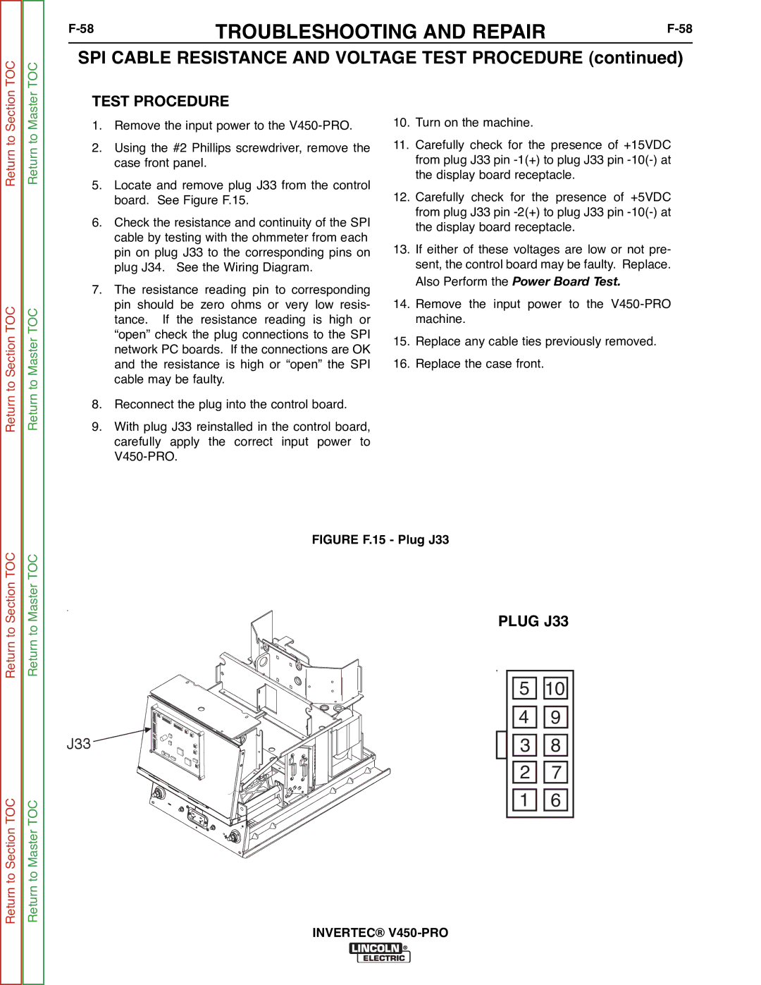 Lincoln Electric SVM199-A service manual SPI Cable Resistance and Voltage Test Procedure, Plug J33 