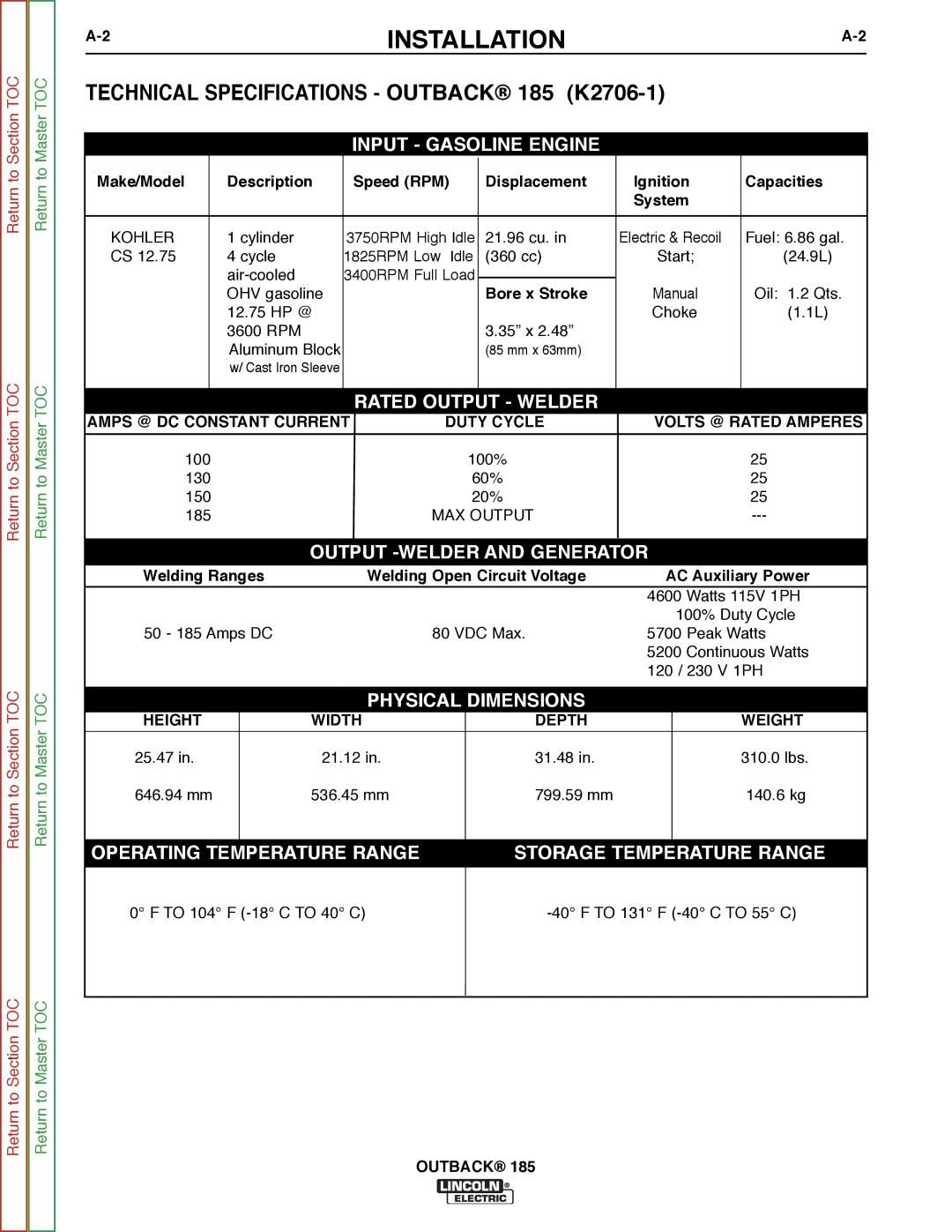 Lincoln Electric SVM204-A Installation, Technical Specifications Outback 185 K2706-1, Bore x Stroke, Welding Ranges 