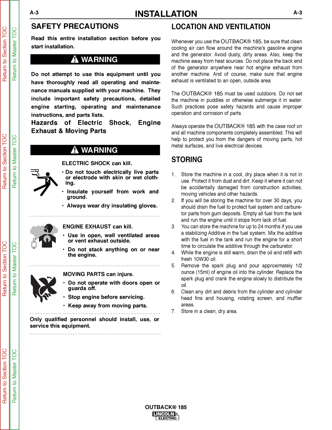 Lincoln Electric SVM204-A service manual Safety Precautions, Location and Ventilation, Storing 