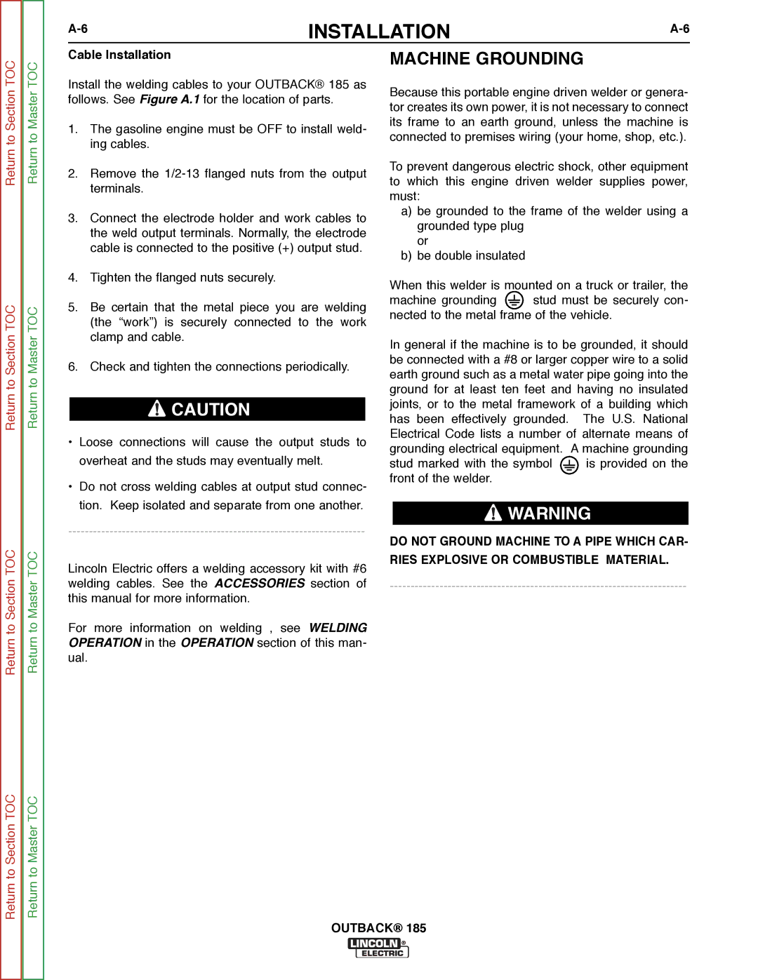 Lincoln Electric SVM204-A service manual Machine Grounding, Cable Installation 