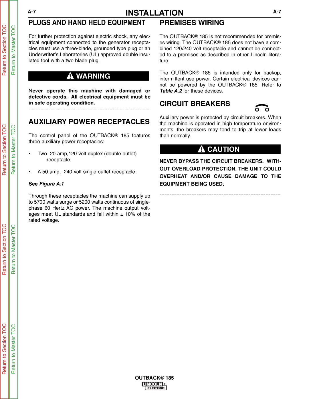 Lincoln Electric SVM204-A service manual Auxiliary Power Receptacles, Premises Wiring, Circuit Breakers, See Figure A.1 