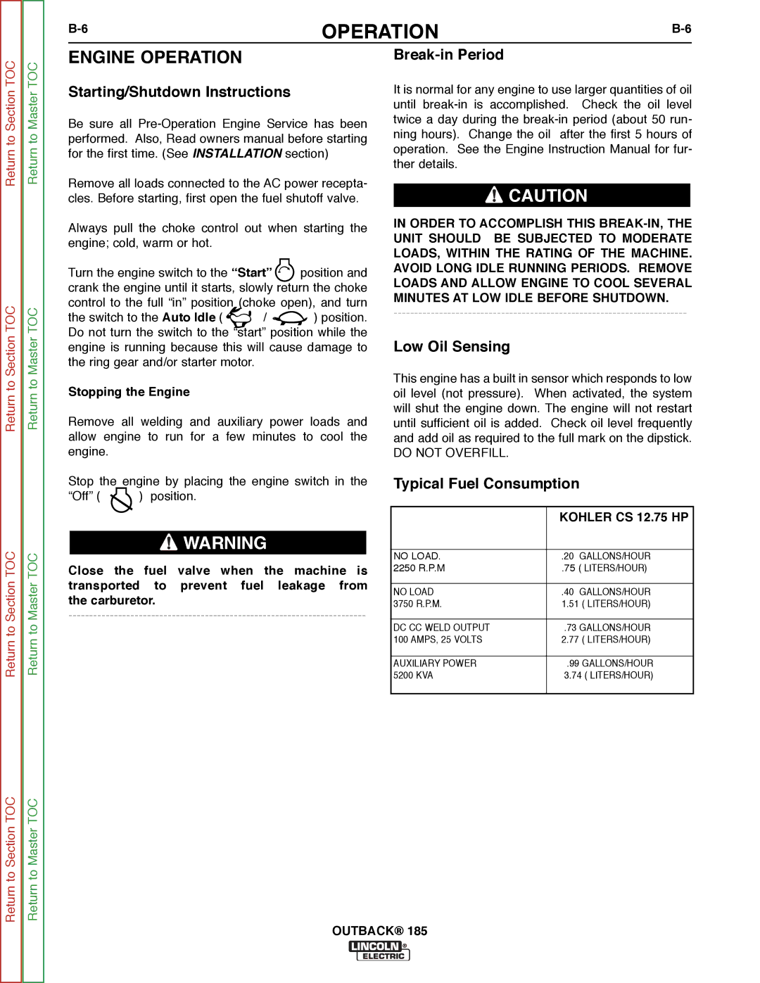 Lincoln Electric SVM204-A service manual Engine Operation, Stopping the Engine 