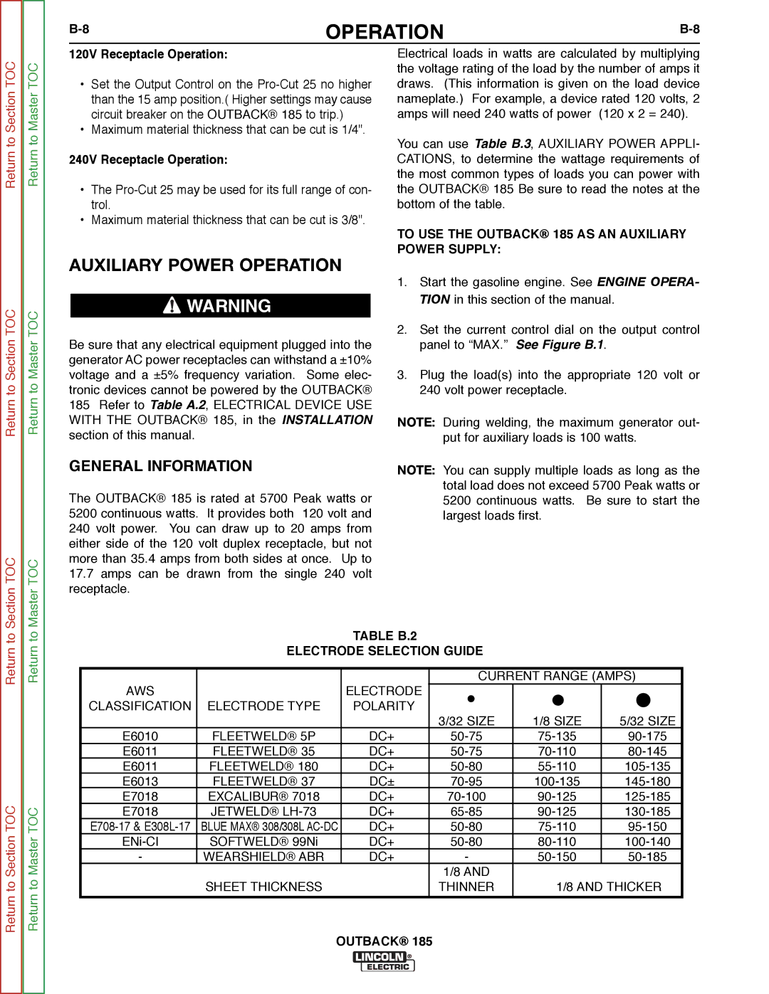 Lincoln Electric SVM204-A service manual 120V Receptacle Operation, 240V Receptacle Operation 