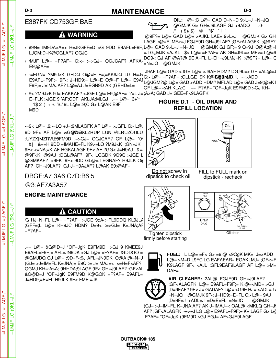 Lincoln Electric SVM204-A service manual Safety Precautions, Tighten dipstick firmly before starting 