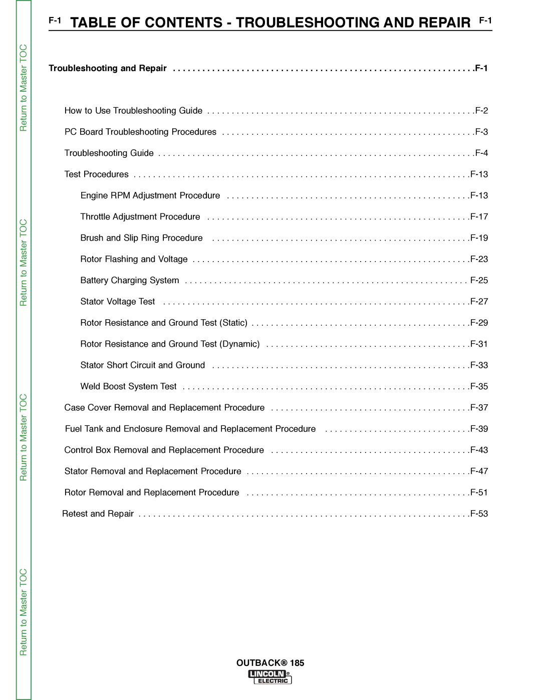 Lincoln Electric SVM204-A service manual 1TABLE of Contents Troubleshooting and Repair F-1 