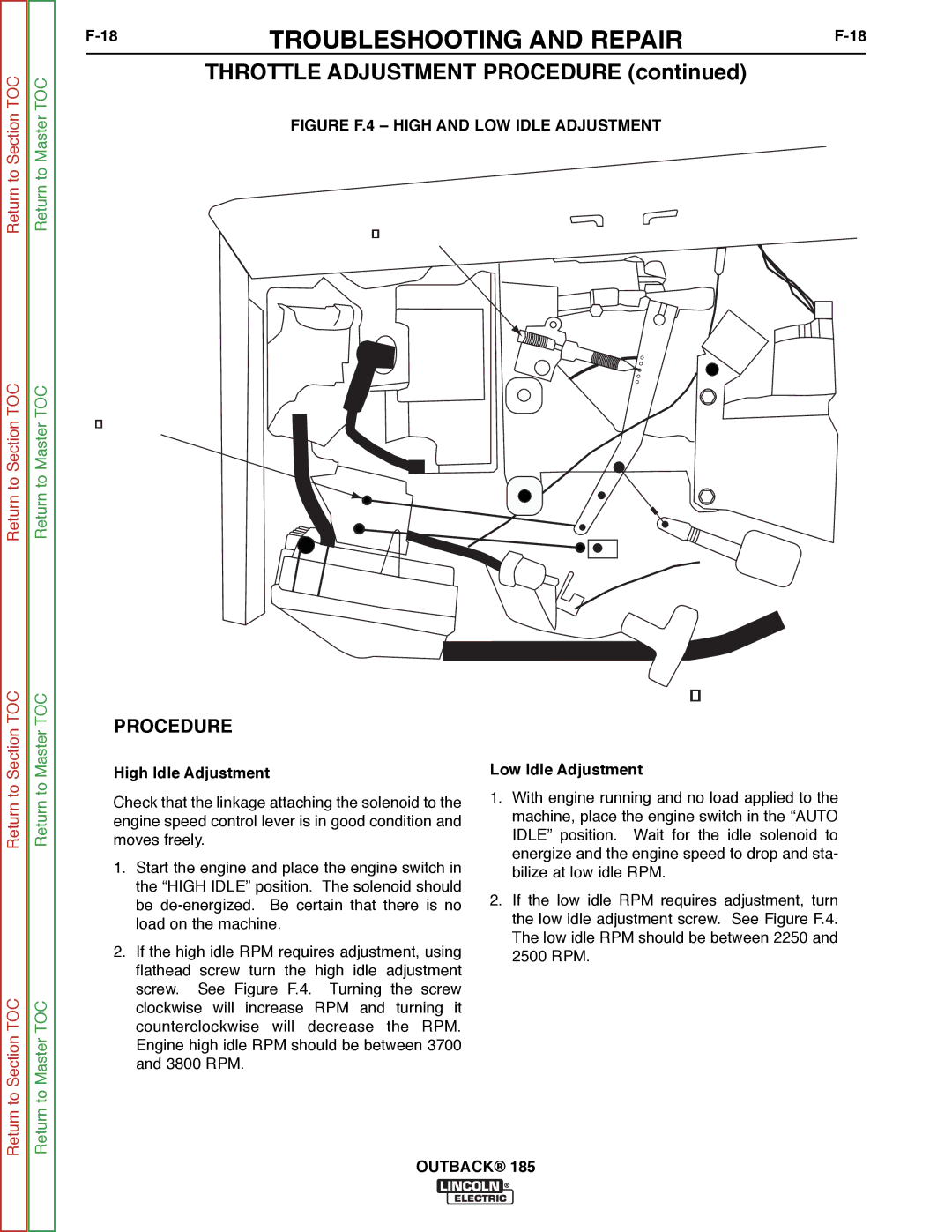 Lincoln Electric SVM204-A service manual Throttle Adjustment Procedure, High Idle Adjustment, Low Idle Adjustment 