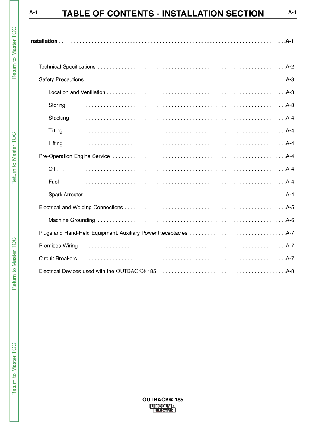 Lincoln Electric SVM204-A service manual Table of Contents Installation Section 