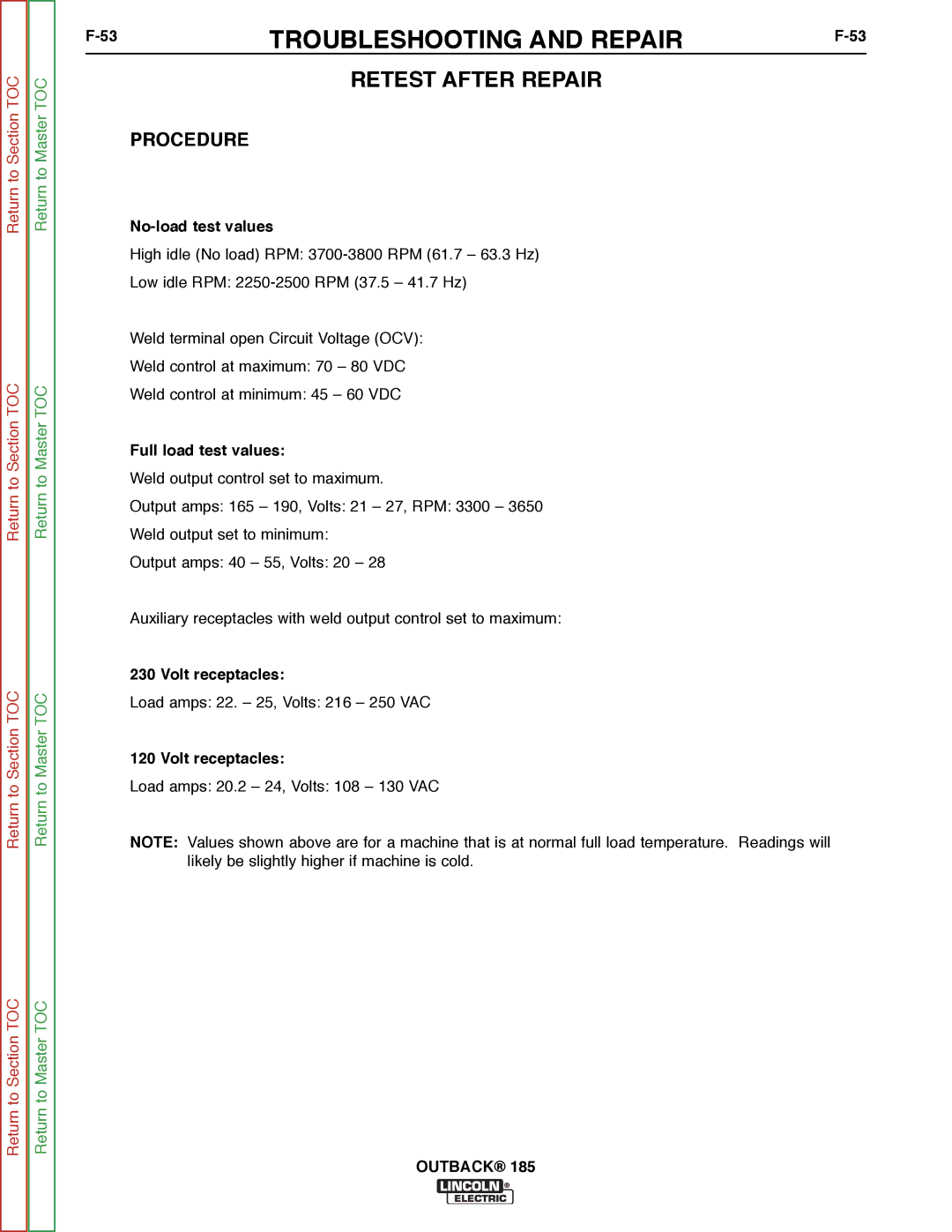 Lincoln Electric SVM204-A service manual Retest After Repair, No-load test values, Full load test values, Volt receptacles 