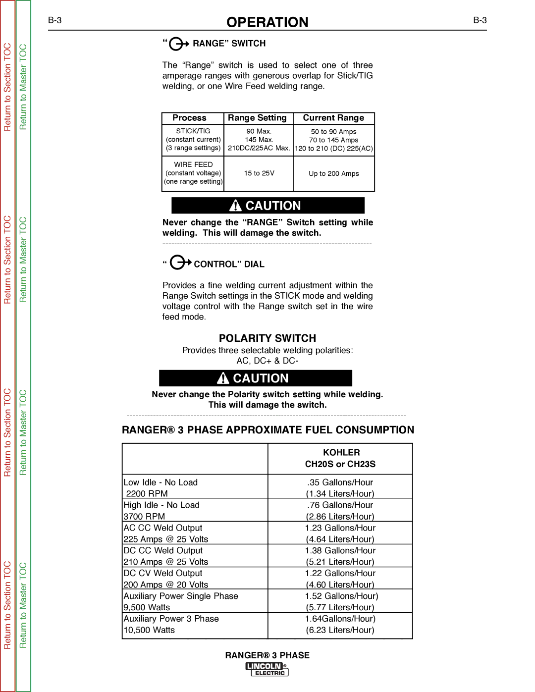 Lincoln Electric SVM207-A Polarity Switch, Ranger 3 Phase Approximate Fuel Consumption, Range Switch, Control Dial, Kohler 