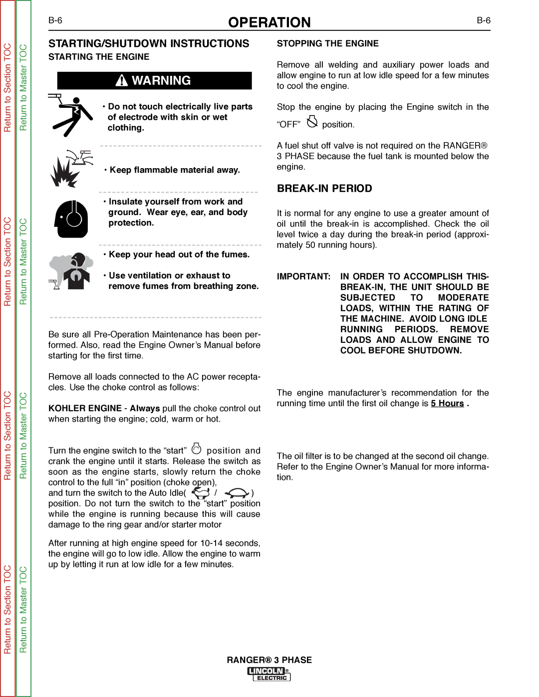 Lincoln Electric SVM207-A STARTING/SHUTDOWN Instructions, BREAK-IN Period, Starting the Engine, Stopping the Engine 