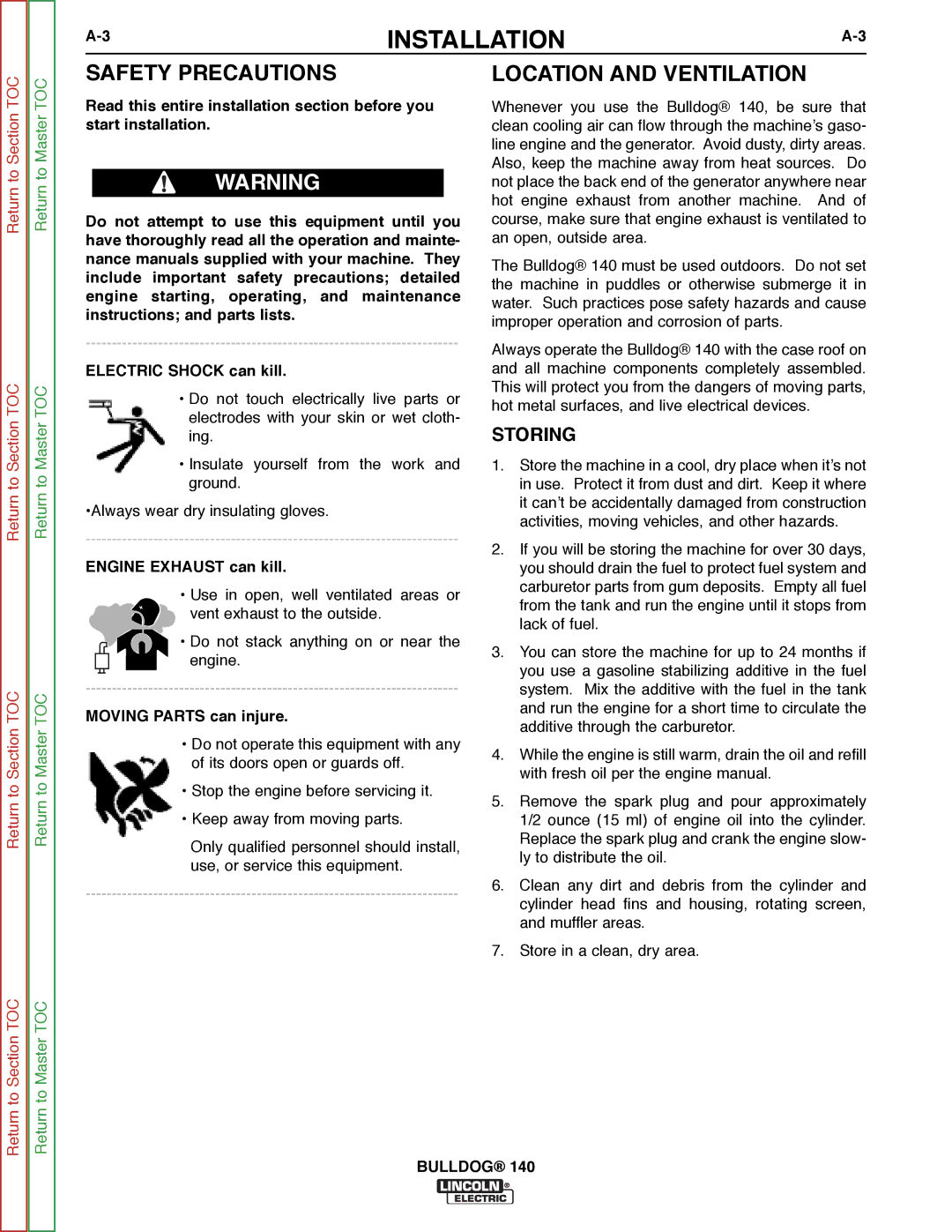 Lincoln Electric SVM208-A service manual Safety Precautions, Location and Ventilation, Storing, Engine Exhaust can kill 