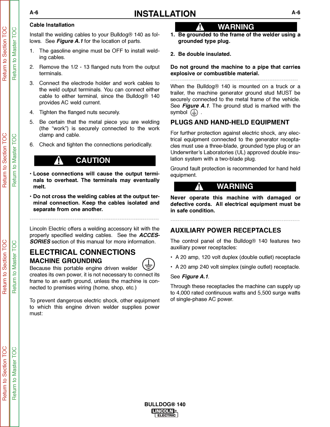 Lincoln Electric SVM208-A service manual Electrical Connections, Plugs and HAND-HELD Equipment, Auxiliary Power Receptacles 