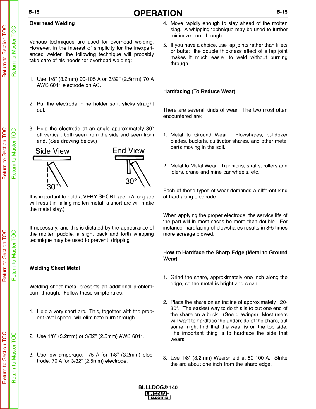 Lincoln Electric SVM208-A service manual Overhead Welding, Welding Sheet Metal, Hardfacing To Reduce Wear 