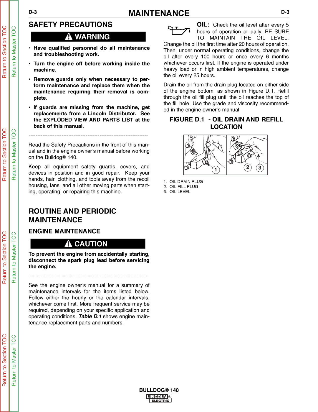 Lincoln Electric SVM208-A service manual Routine and Periodic Maintenance, Location, Engine Maintenance 