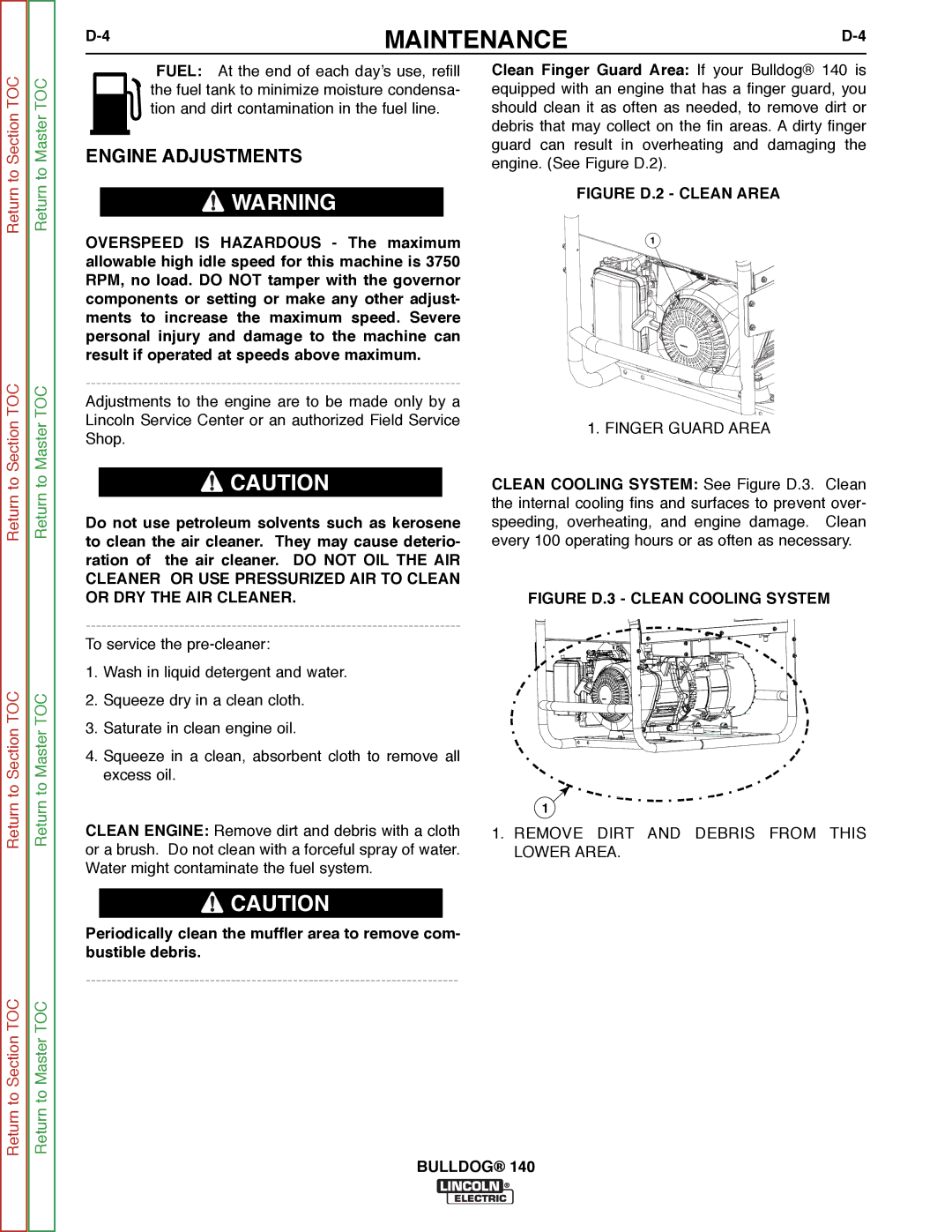 Lincoln Electric SVM208-A service manual Engine Adjustments, Return to Section TOC To Section TOC 