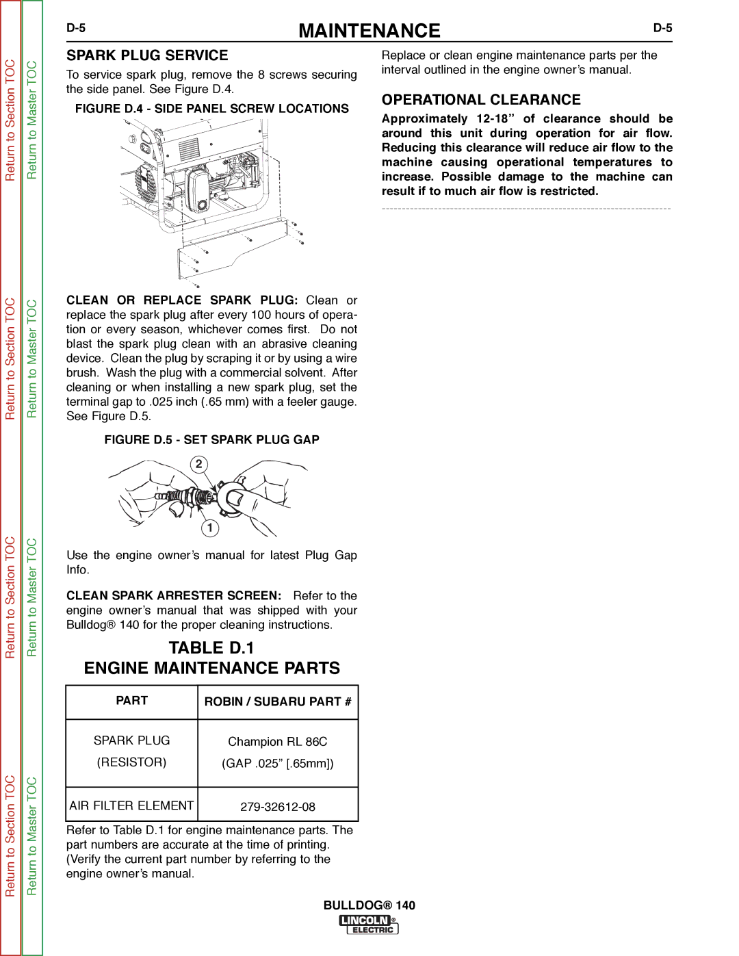 Lincoln Electric SVM208-A service manual Table D.1 Engine Maintenance Parts, Spark Plug Service, Operational Clearance 