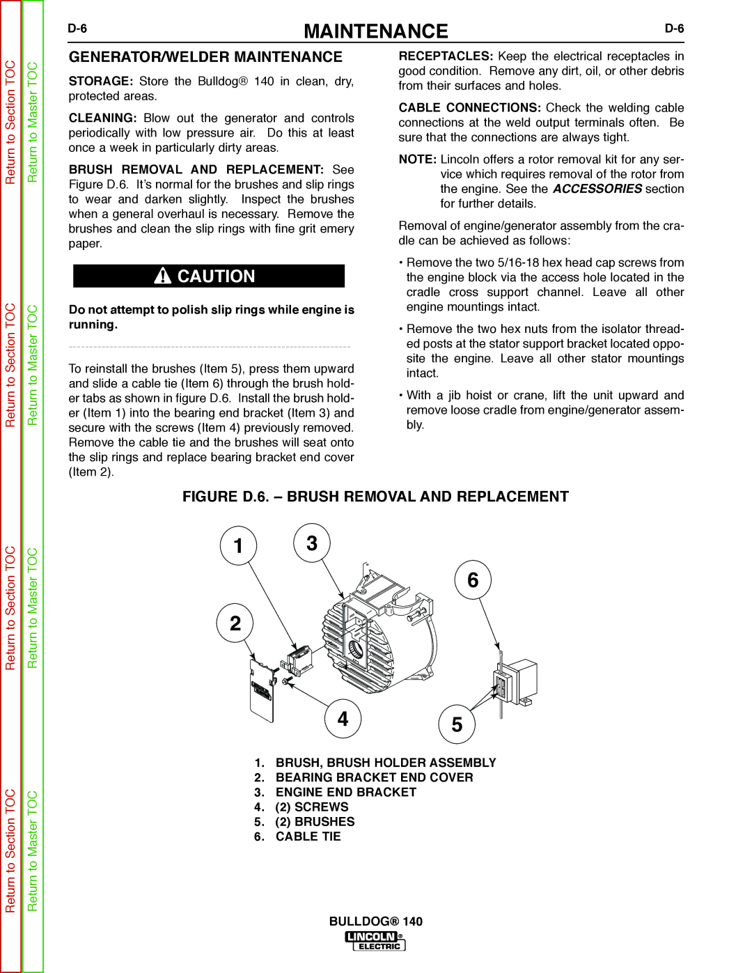 Lincoln Electric SVM208-A service manual GENERATOR/WELDER Maintenance, Screws Brushes 