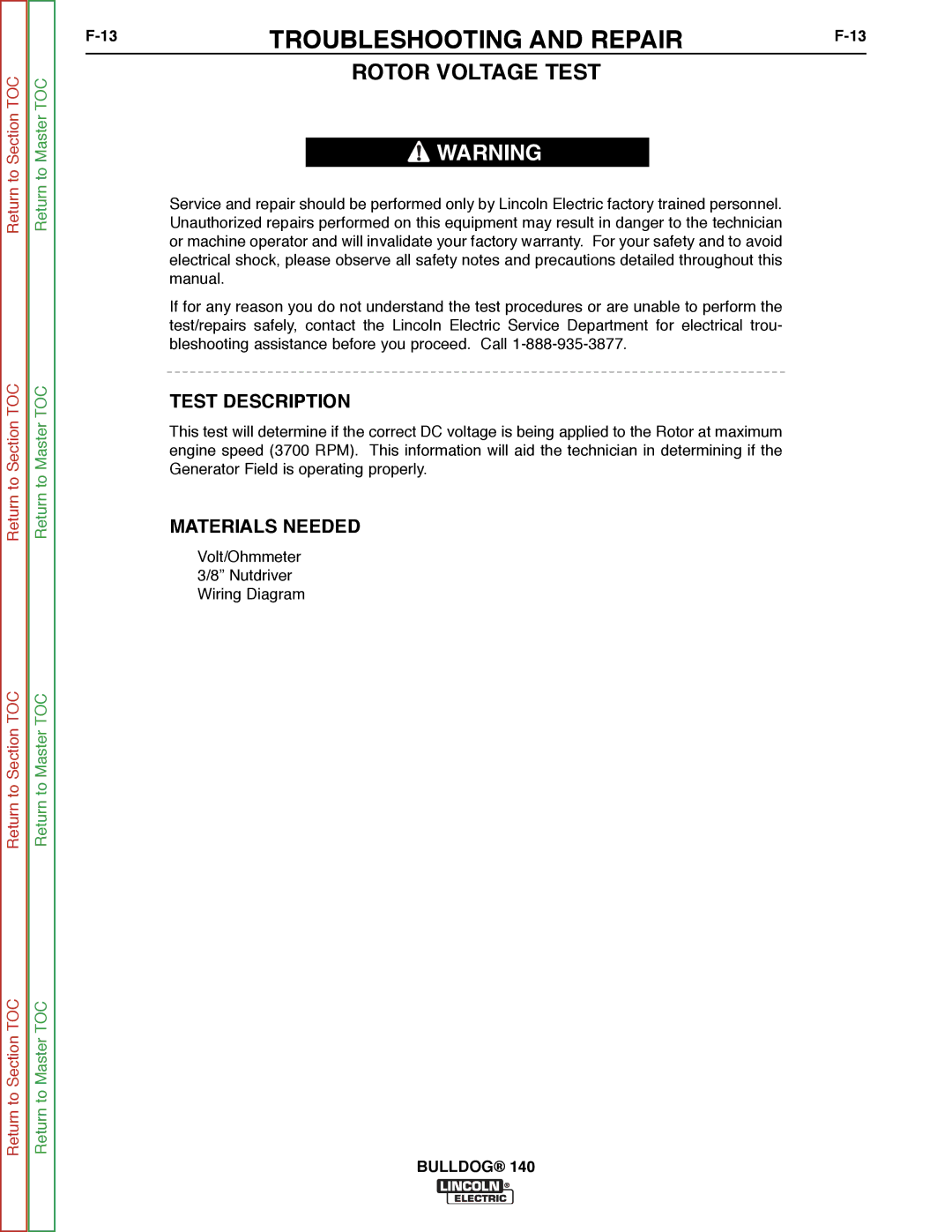 Lincoln Electric SVM208-A service manual Rotor Voltage Test, Test Description, Materials Needed 