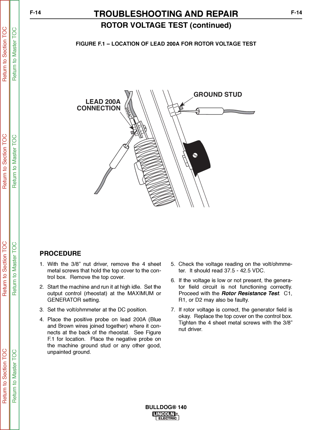 Lincoln Electric SVM208-A service manual Rotor Voltage Test, Lead 200A Connection Ground Stud, Procedure 