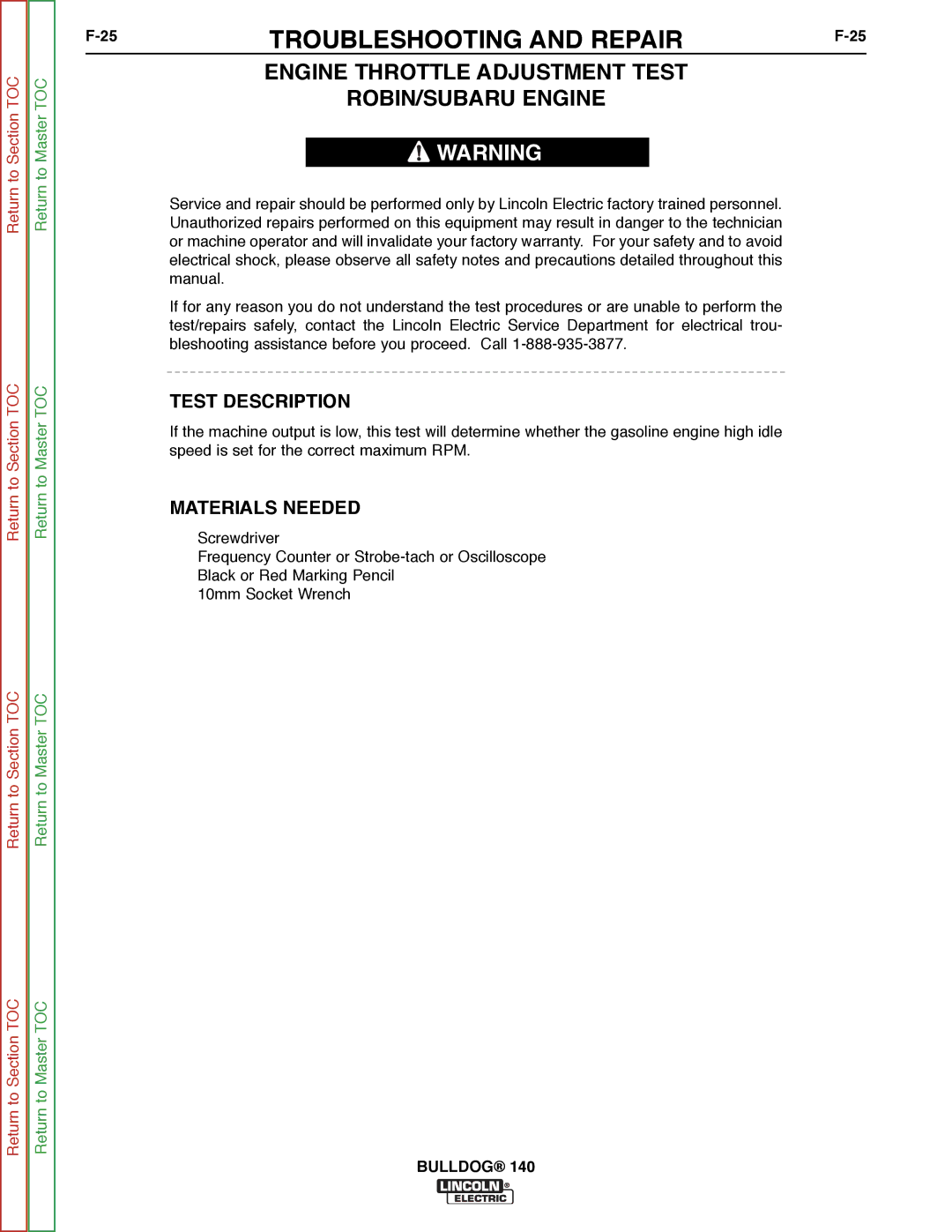 Lincoln Electric SVM208-A service manual Engine Throttle Adjustment Test ROBIN/SUBARU Engine, Test Description 