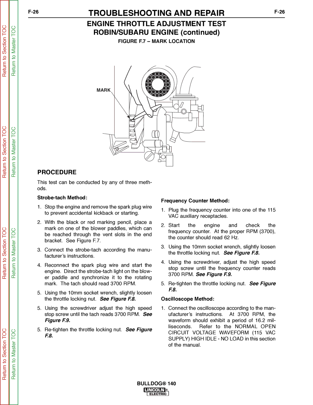 Lincoln Electric SVM208-A Engine Throttle Adjustment Test, ROBIN/SUBARU Engine, Strobe-tach Method, Oscilloscope Method 