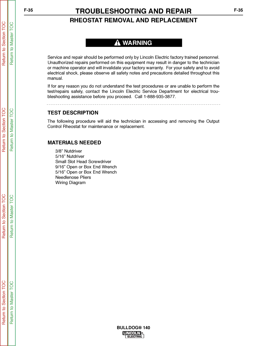 Lincoln Electric SVM208-A service manual Rheostat Removal and Replacement, Test Description 