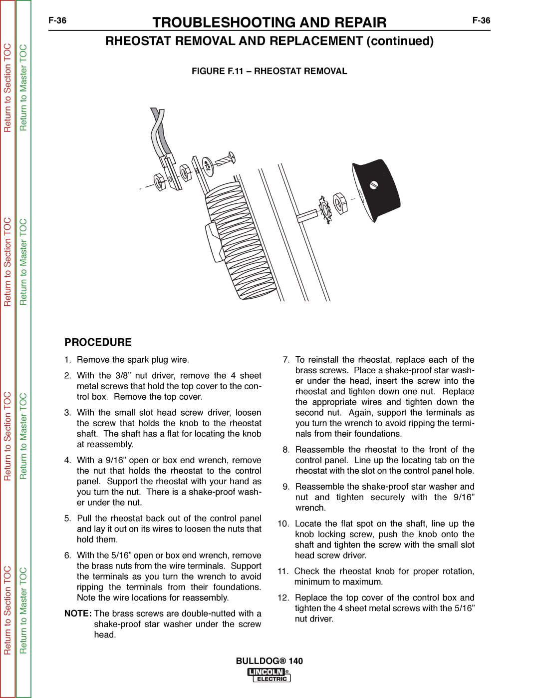 Lincoln Electric SVM208-A service manual Rheostat Removal and Replacement, Figure F.11 Rheostat Removal 