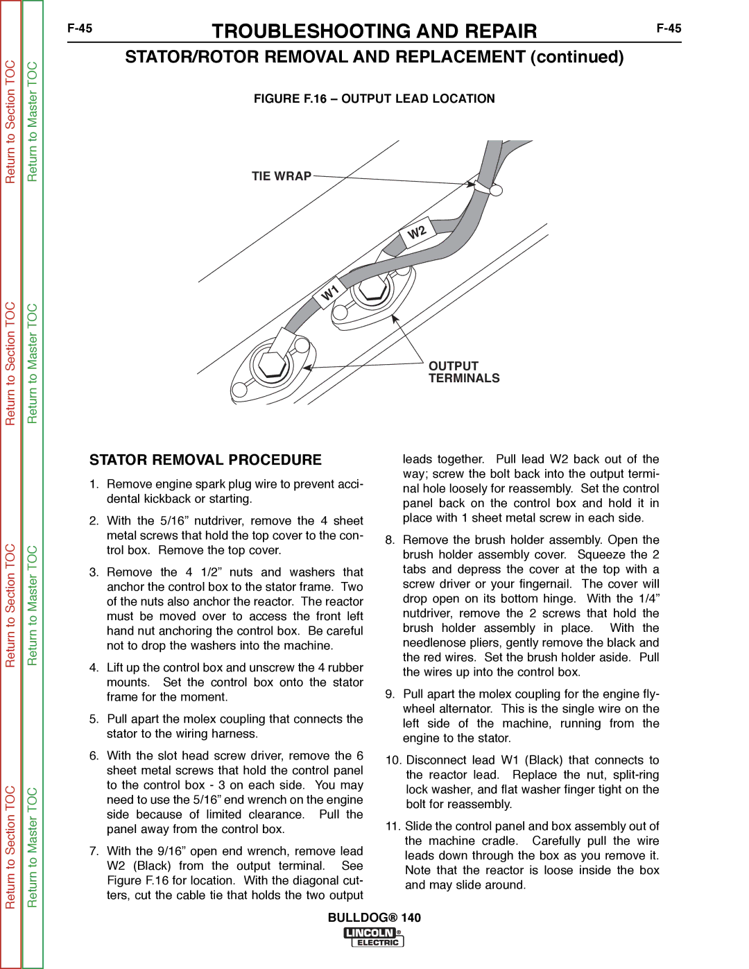 Lincoln Electric SVM208-A service manual Stator Removal Procedure, Figure F.16 Output Lead Location TIE Wrap Terminals 