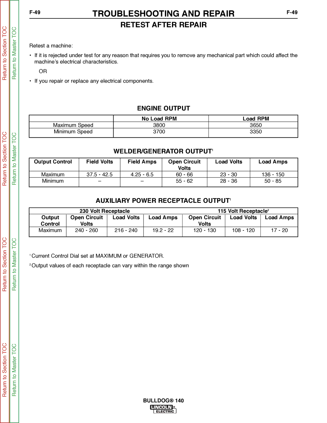 Lincoln Electric SVM208-A Retest After Repair, Engine Output, WELDER/GENERATOR OUTPUT1, Auxiliary Power Receptacle OUTPUT1 