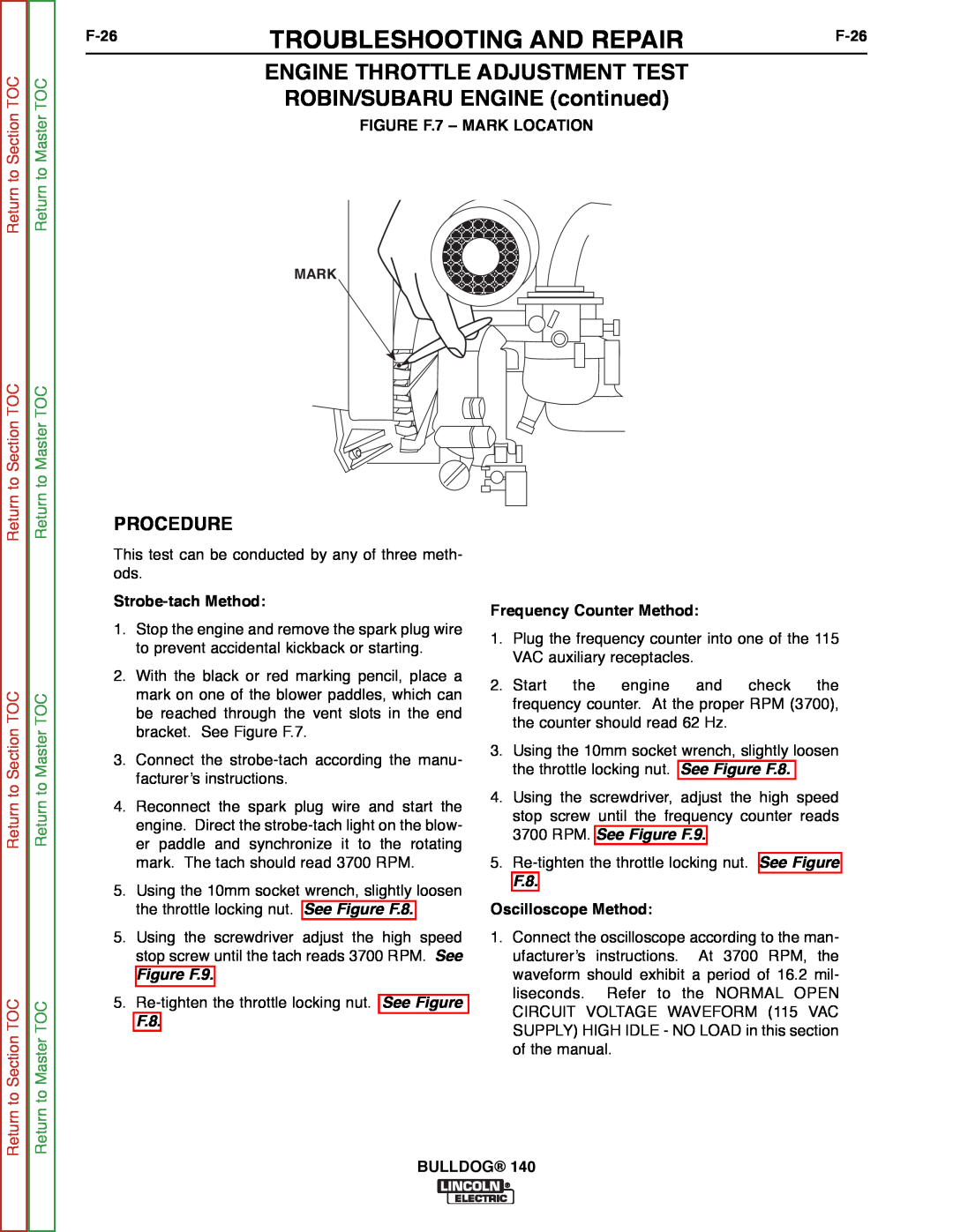 Lincoln Electric SVM208-A ENGINE THROTTLE ADJUSTMENT TEST ROBIN/SUBARU ENGINE continued, Troubleshooting And Repair, F-26 