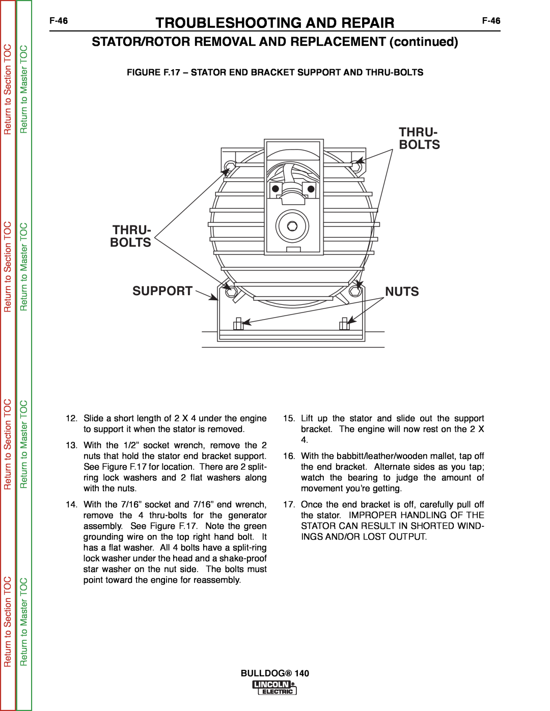 Lincoln Electric SVM208-A service manual Thru Bolts Thru Bolts, Support, Nuts, Troubleshooting And Repair, F-46, Bulldog 