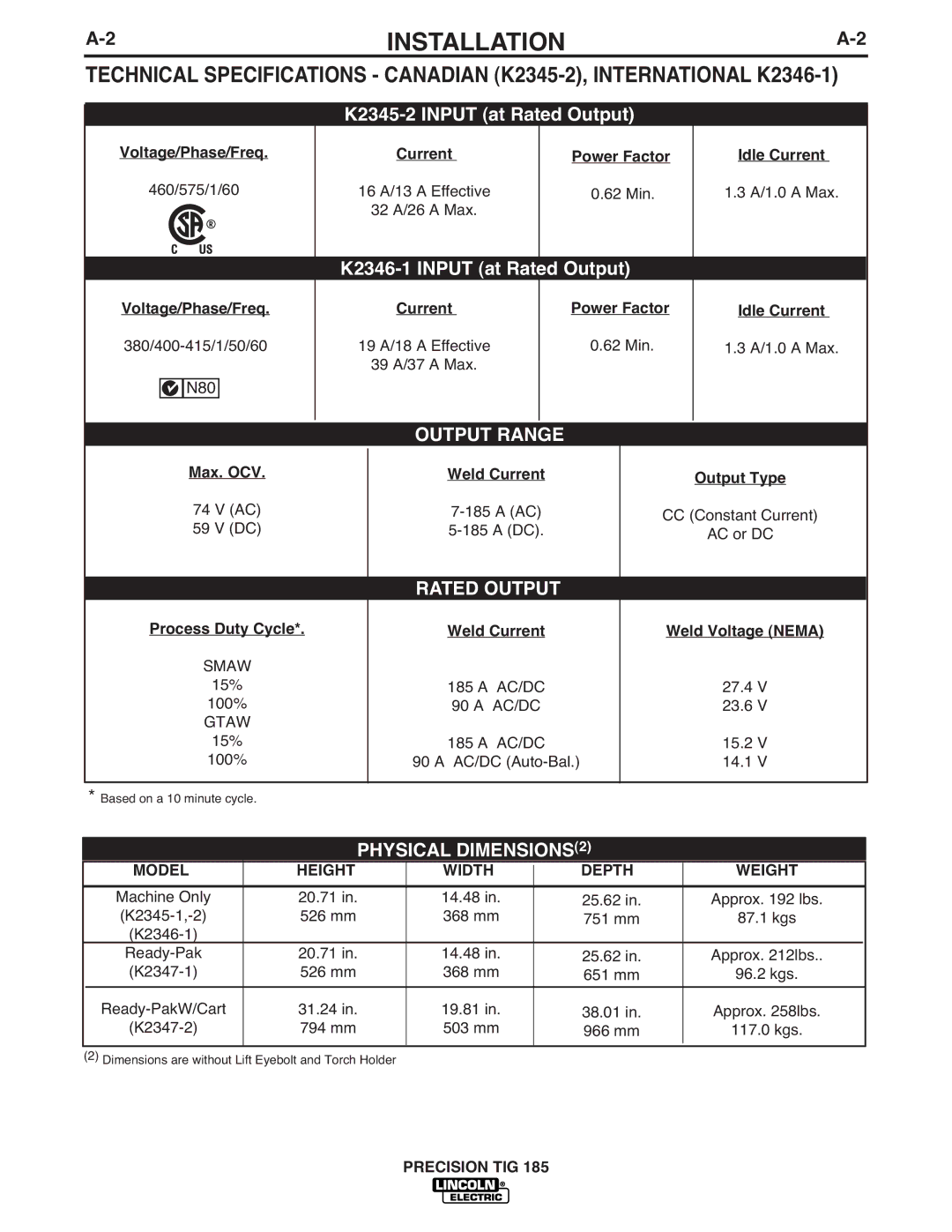 Lincoln Electric TIG 185 manual Installation, Physical DIMENSIONS2, Model Height Width Depth Weight, Precision TIG 