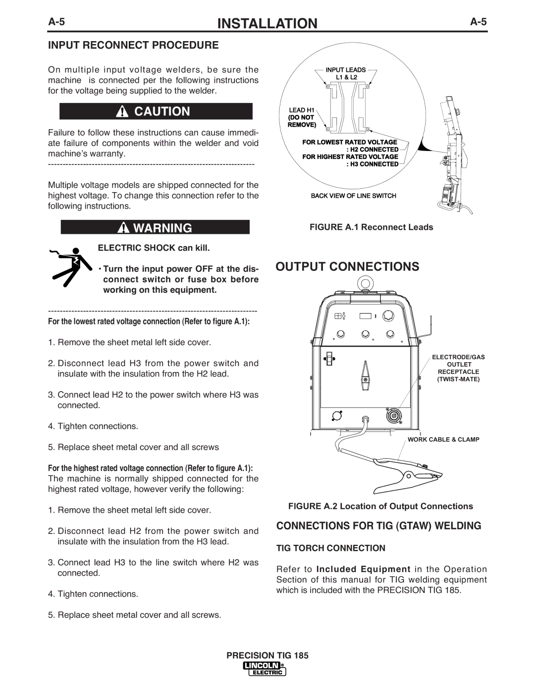 Lincoln Electric TIG 185 manual Input Reconnect Procedure, Connections for TIG Gtaw Welding, TIG Torch Connection 