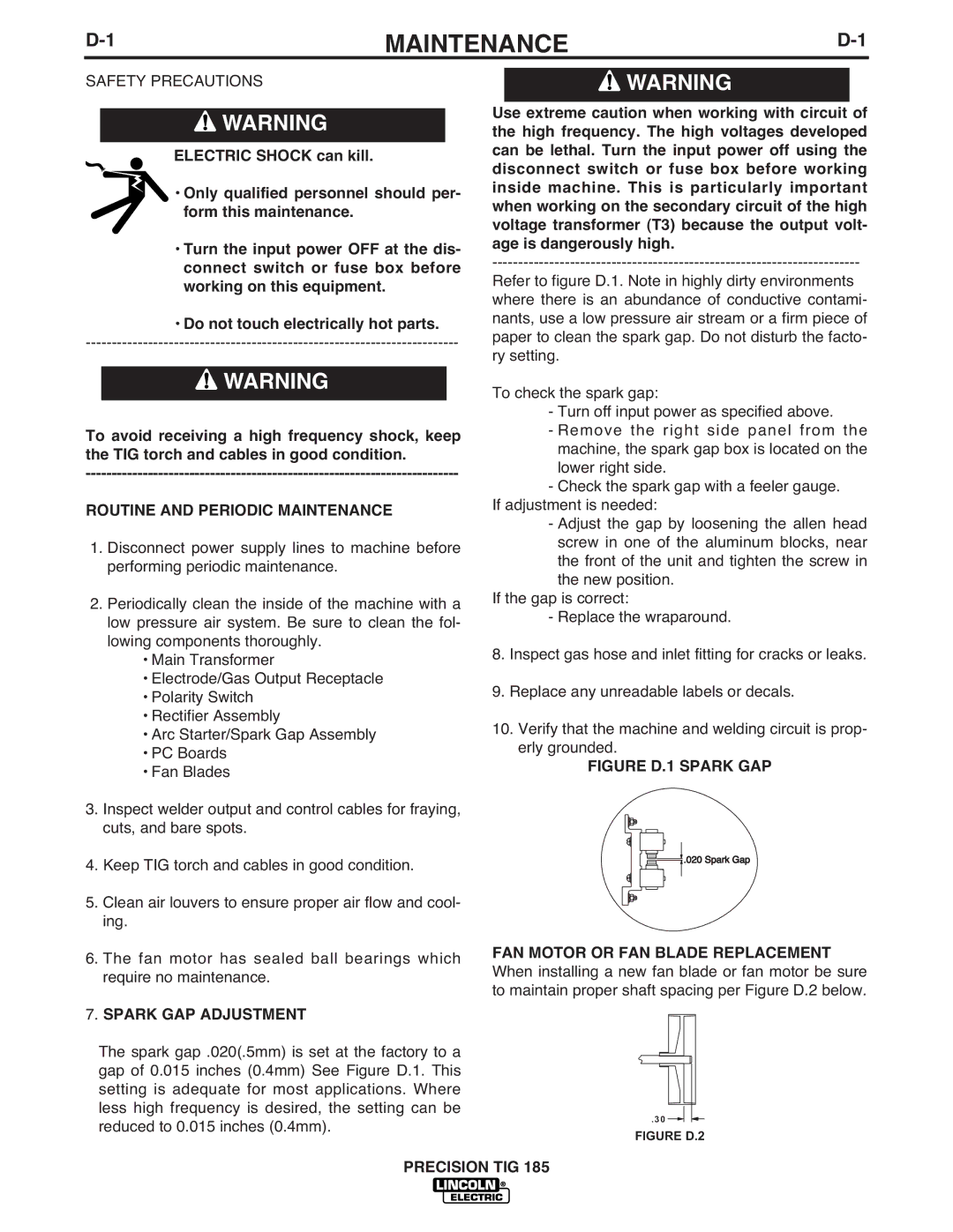 Lincoln Electric TIG 185 manual Routine and Periodic Maintenance, Spark GAP Adjustment 