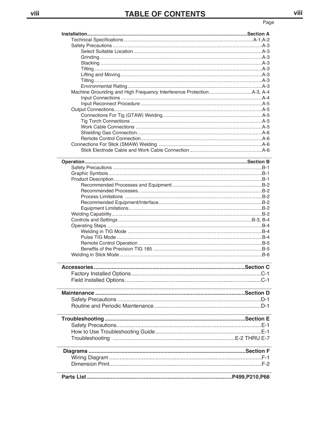 Lincoln Electric TIG 185 manual Table of Contents 