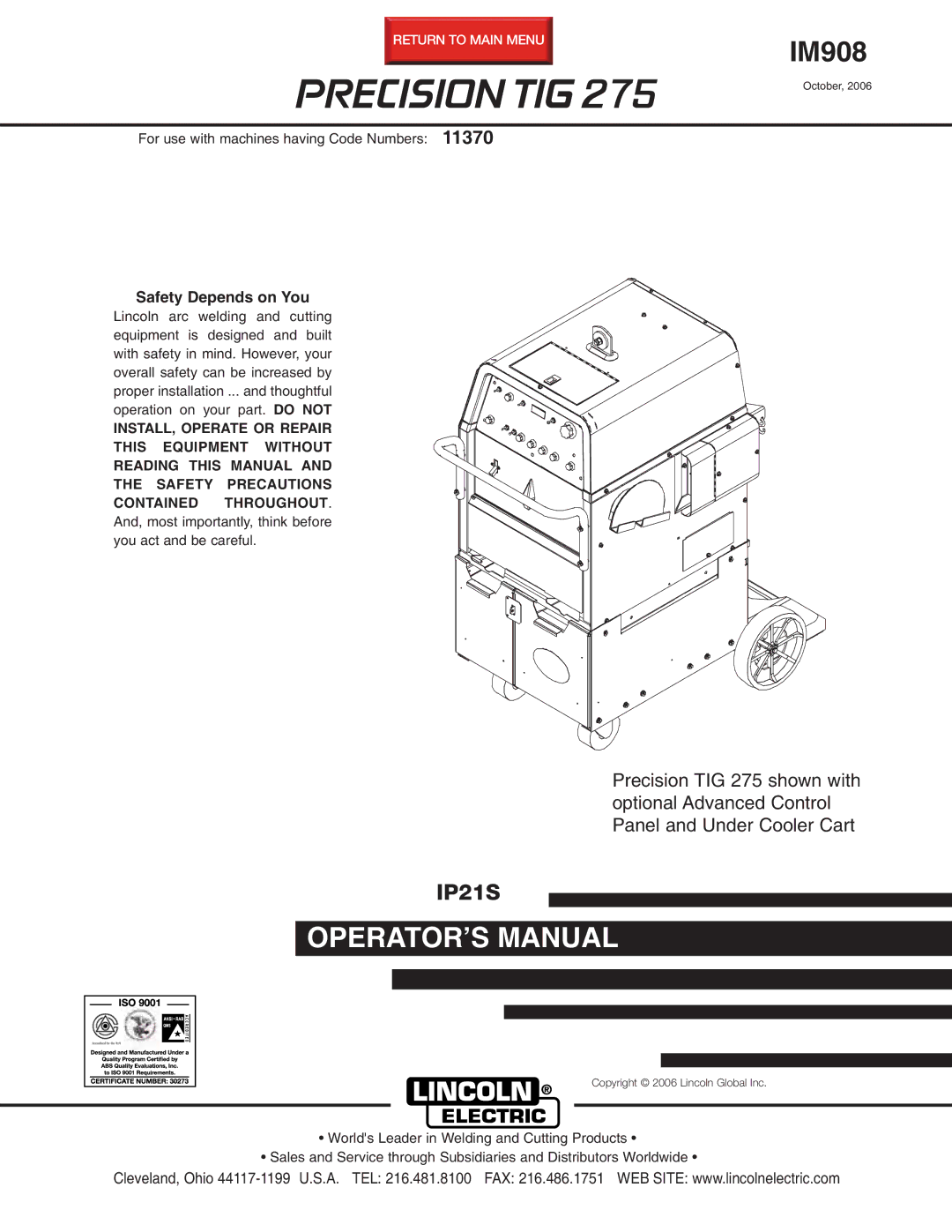 Lincoln Electric TIG 275 manual Precision TIG, IP21S 