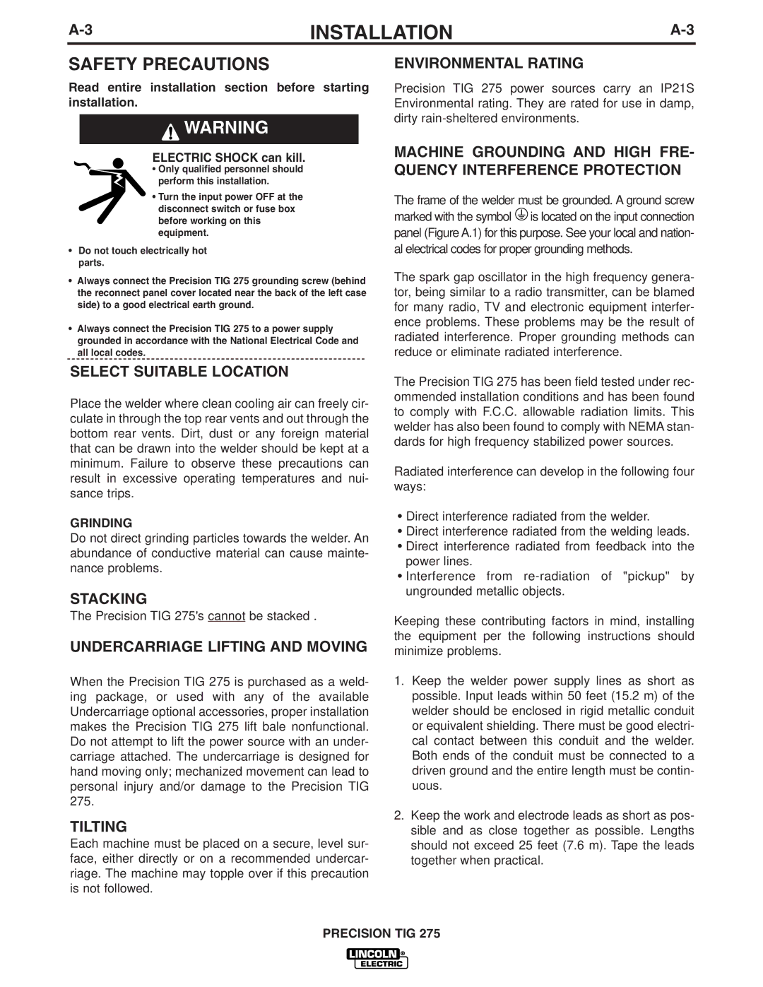 Lincoln Electric TIG 275 manual Safety Precautions 