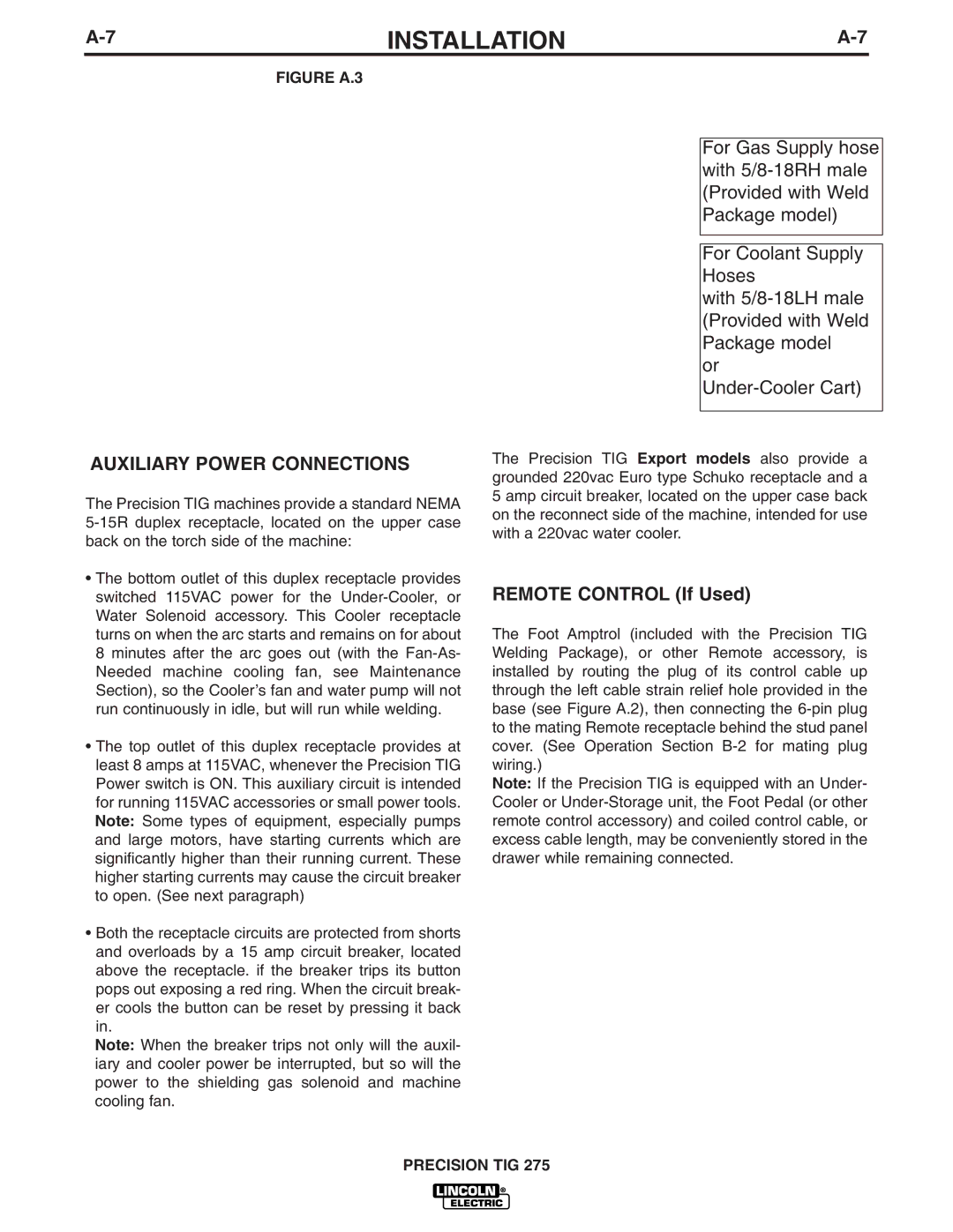 Lincoln Electric TIG 275 manual Auxiliary Power Connections, Figure A.3 