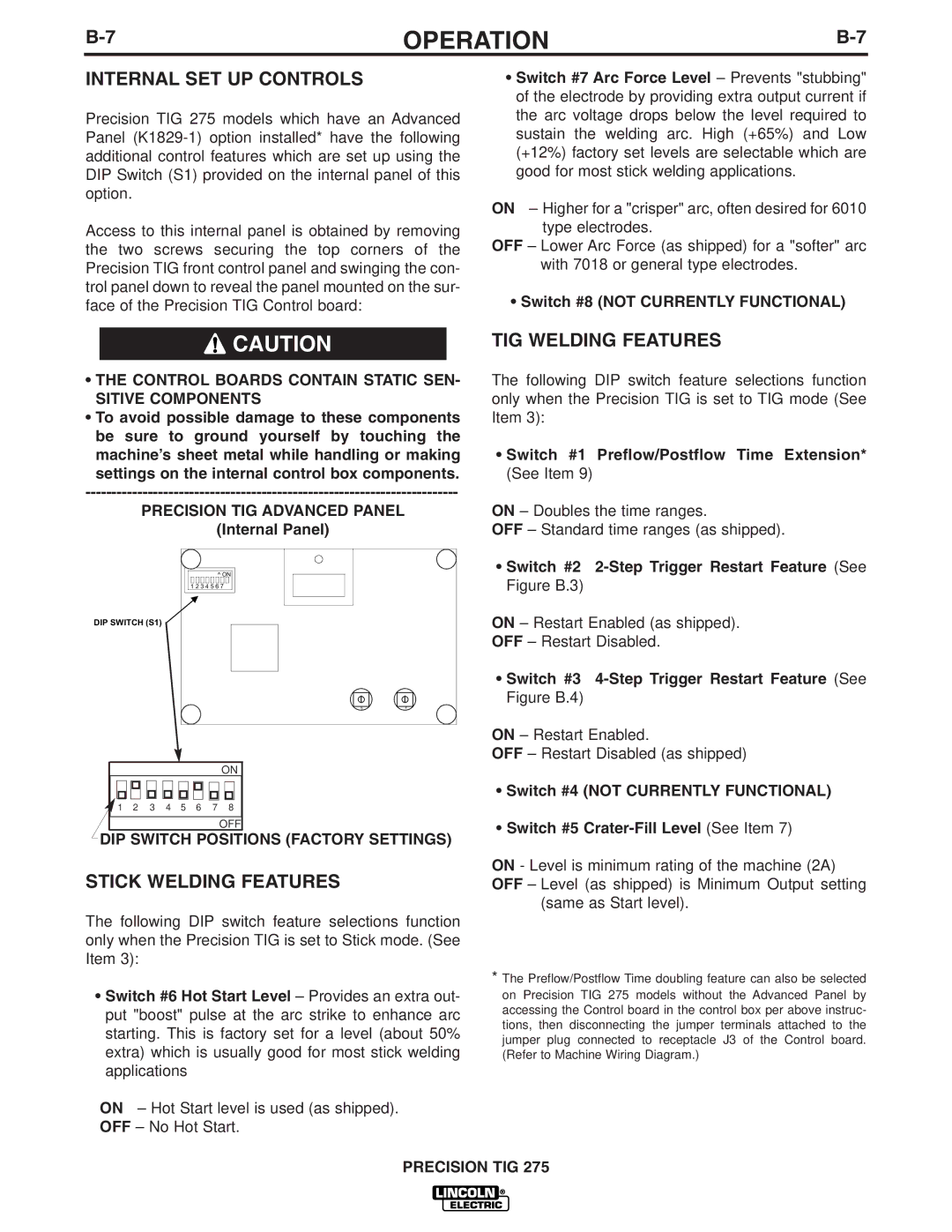 Lincoln Electric TIG 275 manual Internal SET UP Controls, Stick Welding Features, TIG Welding Features 