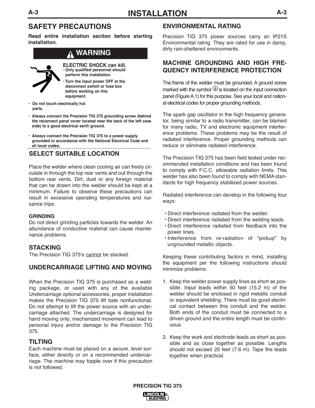 Lincoln Electric TIG 375 manual Safety Precautions 