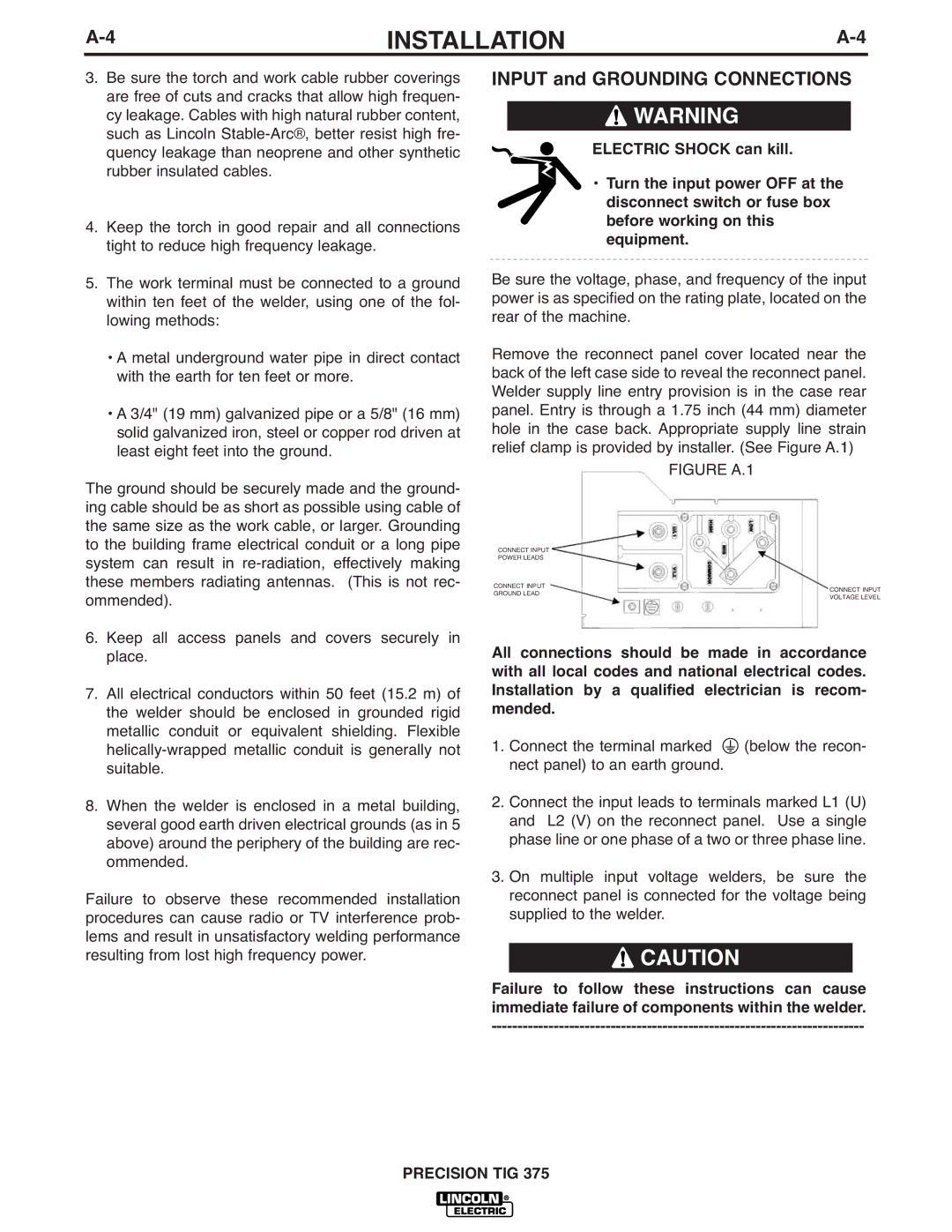 Lincoln Electric TIG 375 manual Input and Grounding Connections 