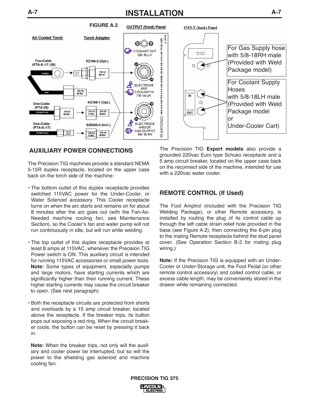 Lincoln Electric TIG 375 manual Auxiliary Power Connections, Figure A.3 