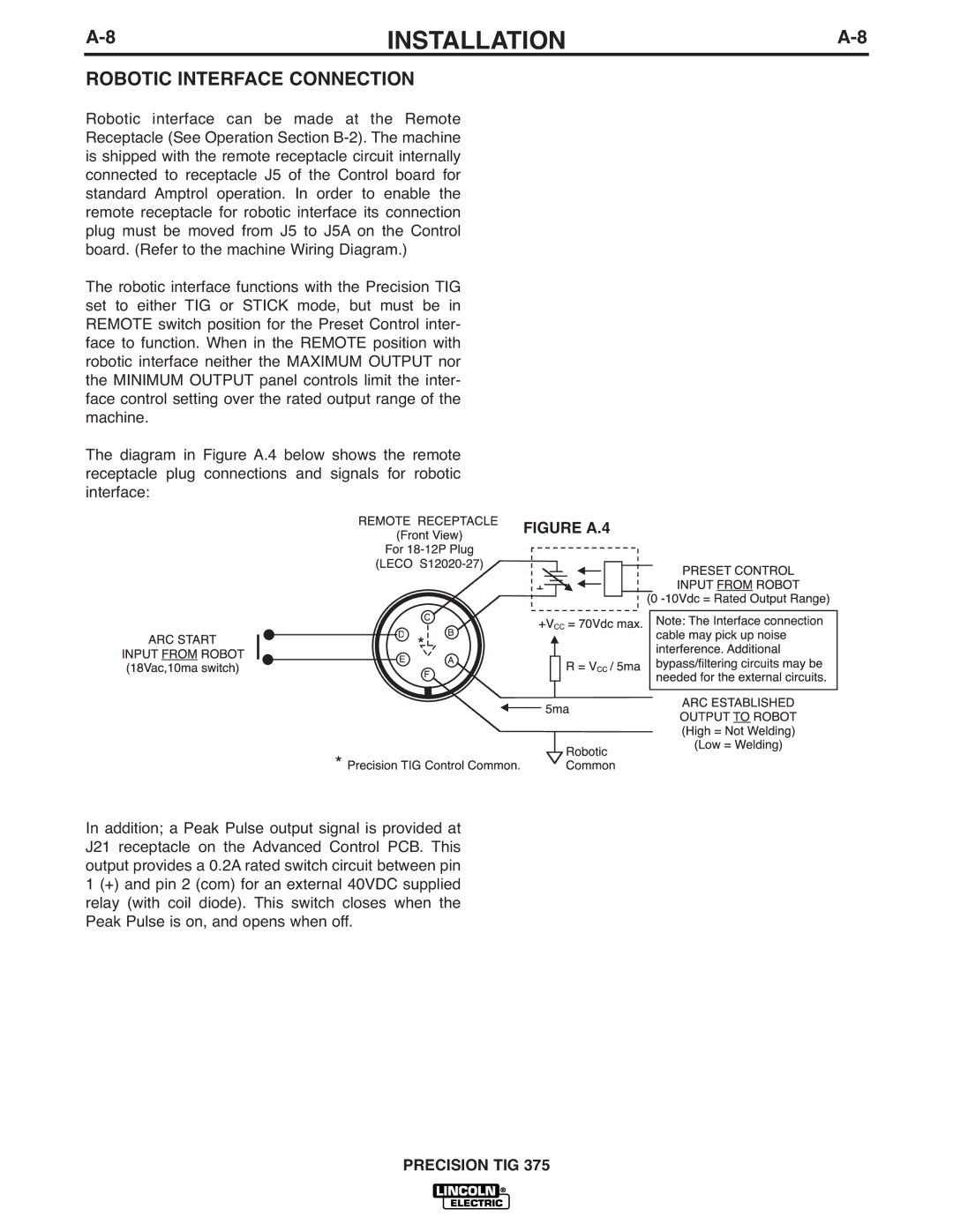 Lincoln Electric TIG 375 manual Robotic Interface Connection, Figure A.4 