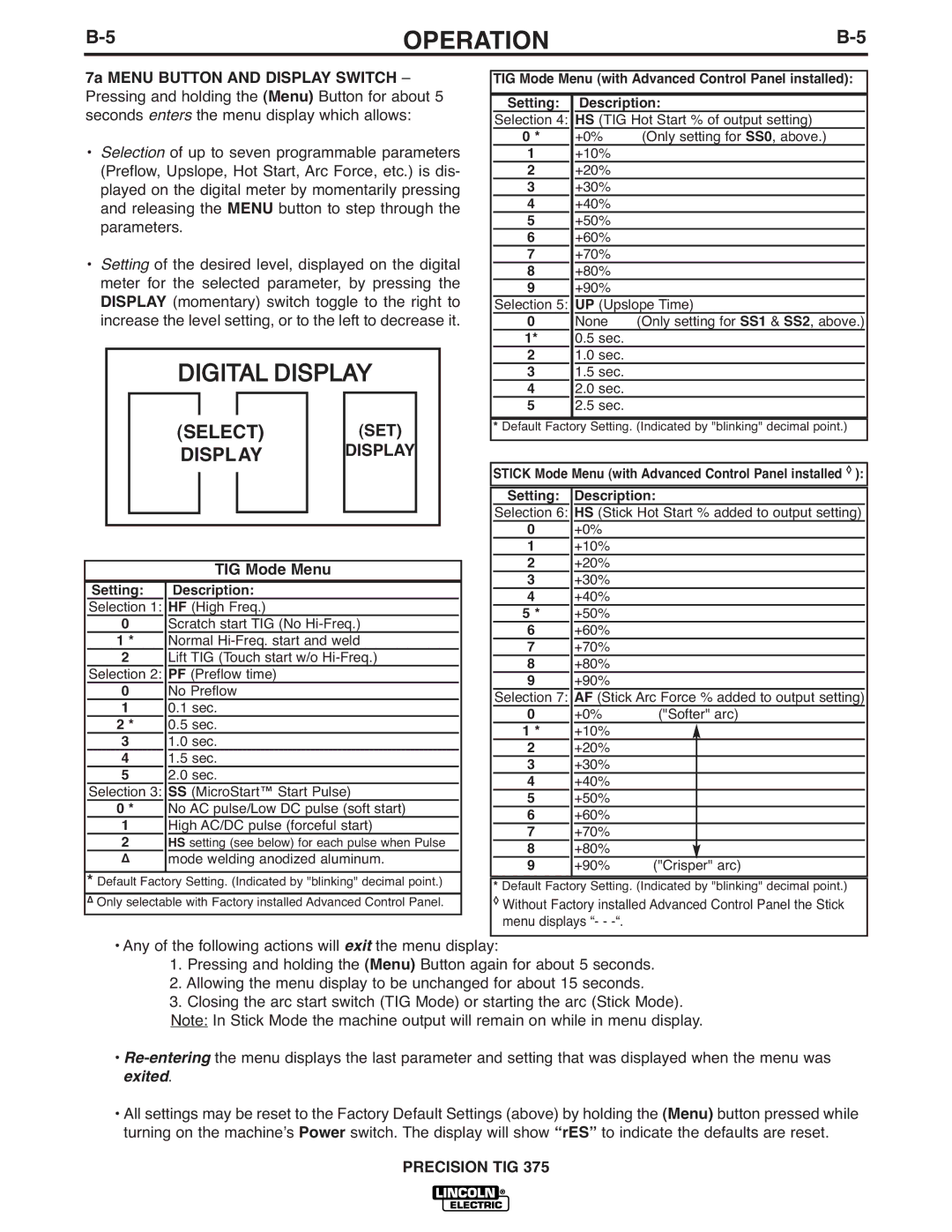 Lincoln Electric TIG 375 manual Display, TIG Mode Menu 