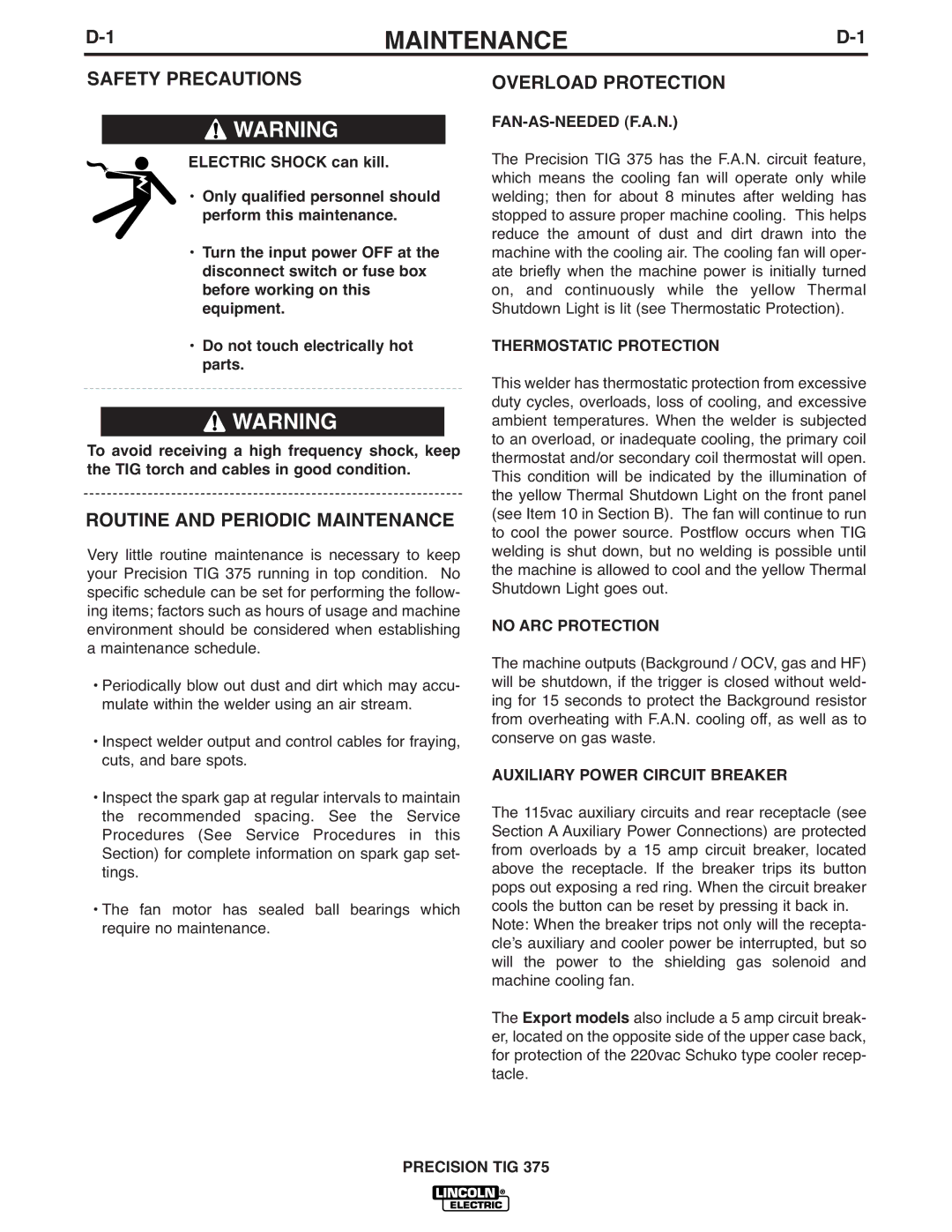 Lincoln Electric TIG 375 manual Safety Precautions, Routine and Periodic Maintenance, Overload Protection 