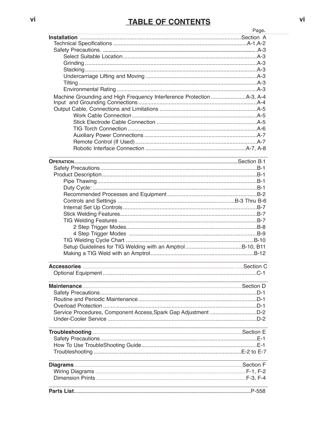 Lincoln Electric TIG 375 manual Table of Contents 